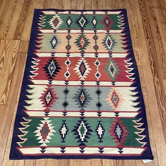 Pier 1 Imports Turkish Kilim Aztec Cotton Rare Area Rug Carpet Blue Boho Native - Picture 2 of 8